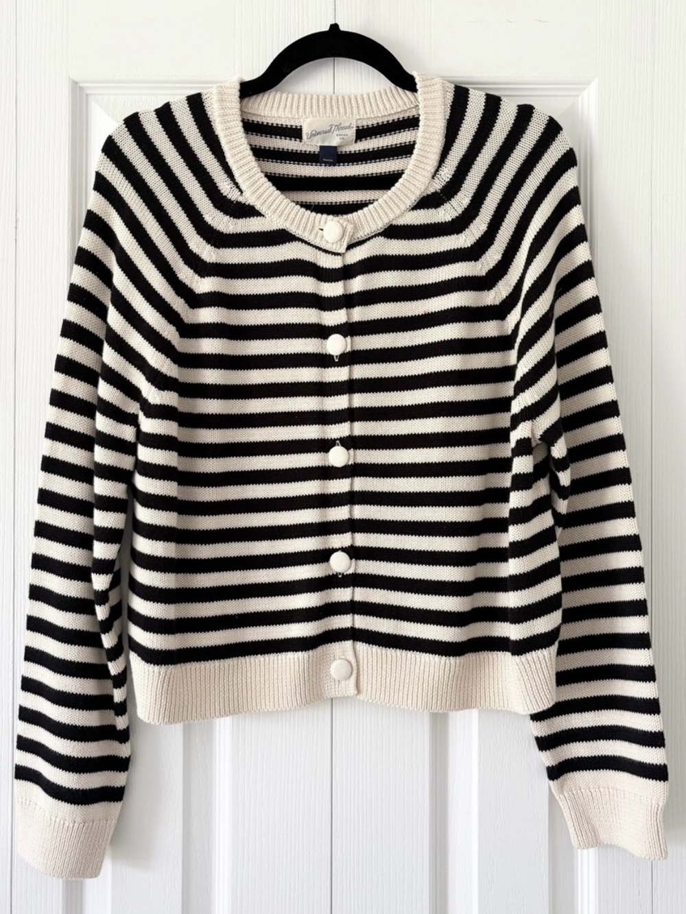Striped Black and Cream Crewneck Button Cardigan Sweater